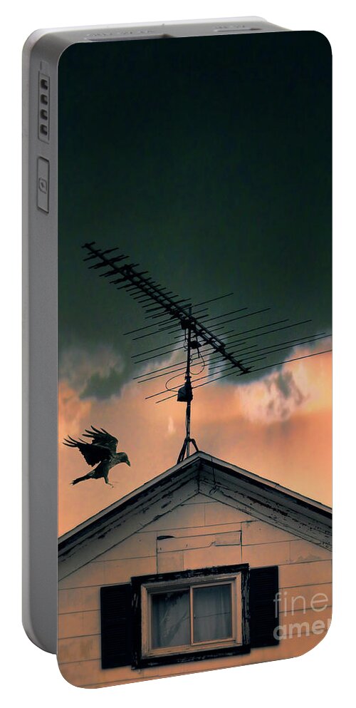 Antenna Portable Battery Charger featuring the photograph Antenna on Old House with Raven by Jill Battaglia