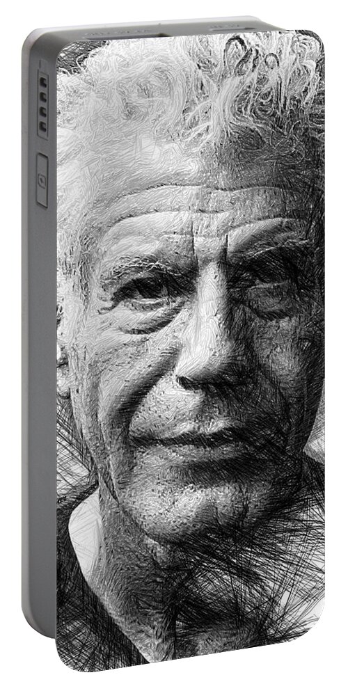 Rafael Salazar Portable Battery Charger featuring the drawing Anthony Bourdain - Ink Drawing by Rafael Salazar