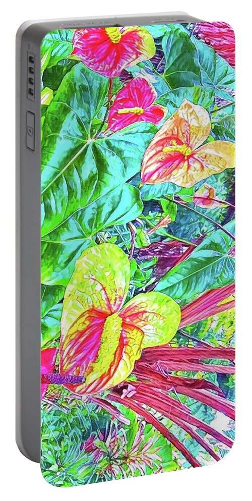 Anthuriums Pink Turquoise Tropical Hawaii Flowers Of Aloha Portable Battery Charger featuring the photograph Anthuriums Pink and Turquoise by Joalene Young