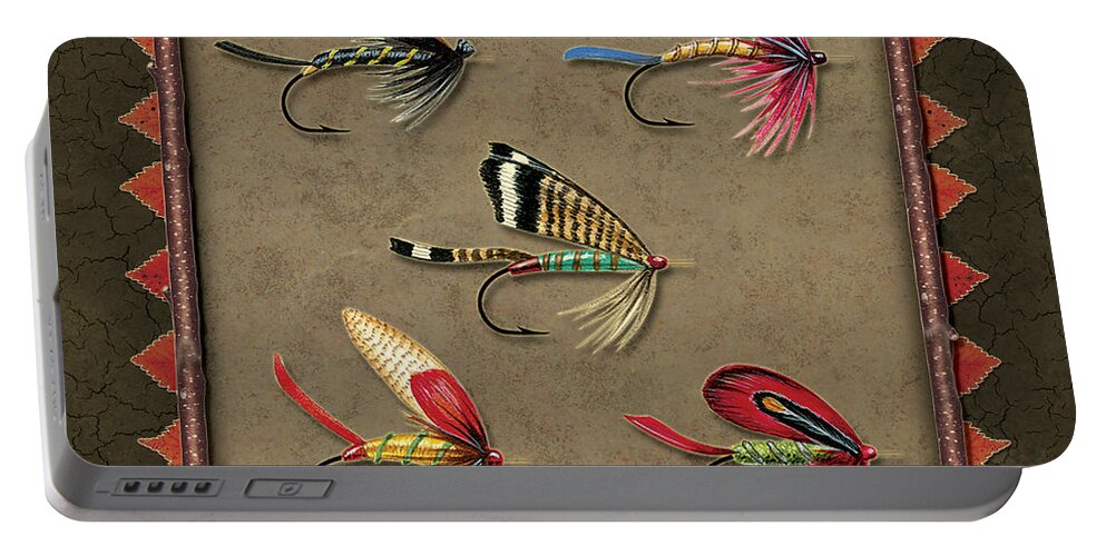 Jon Q Wright Jq Licensing Trout Fly Flyfishing Brown Trout Rainbow Trout Brook Trout Cutthroat Trout Fishing Lodge Cabin Portable Battery Charger featuring the painting Antique Fly Panel by JQ Licensing
