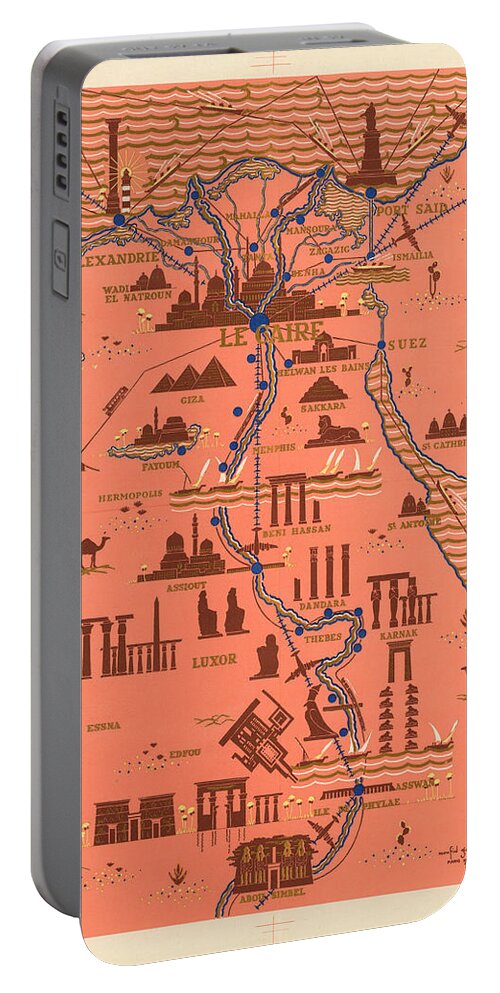 Egypt Portable Battery Charger featuring the mixed media Antique Illustrated Map of Egypt _ Monuments around River Nile - Cairo, Luxor, Abu Simbel by Studio Grafiikka