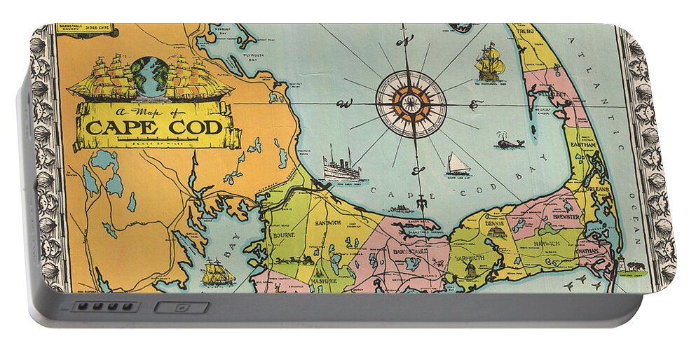 Antique Map Of Cape Cod Portable Battery Charger featuring the drawing Antique Maps - Old Cartographic maps - Antique Map of Cape Cod, Massachusetts, 1932 by Studio Grafiikka
