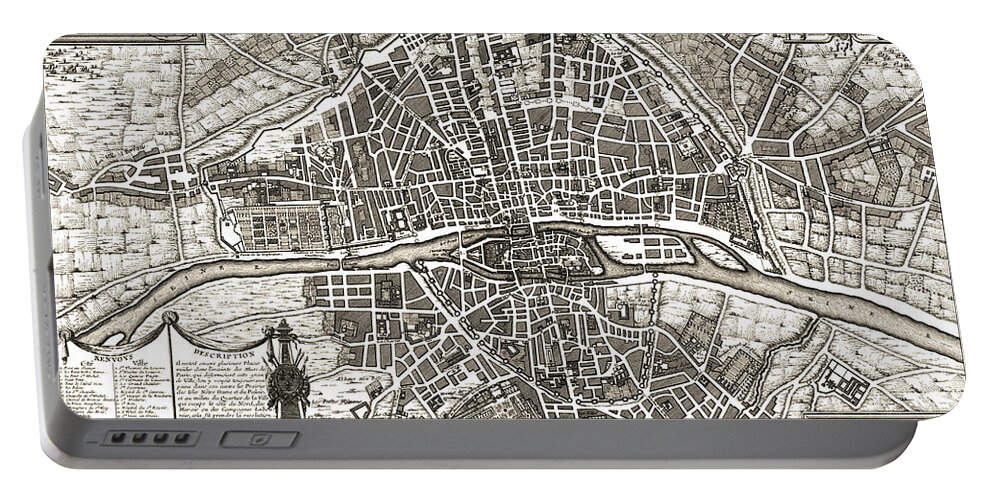 Antique Paris Map Portable Battery Charger featuring the drawing Antique Maps - Old Cartographic maps - Antique Map of Paris, France, 1643 by Studio Grafiikka