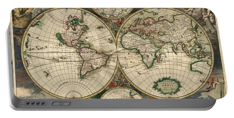 Antique Map Of The World Portable Battery Charger featuring the drawing Antique Maps - Old Cartographic maps - Antique Map of the World, Double hemisphere, 1689 by Studio Grafiikka