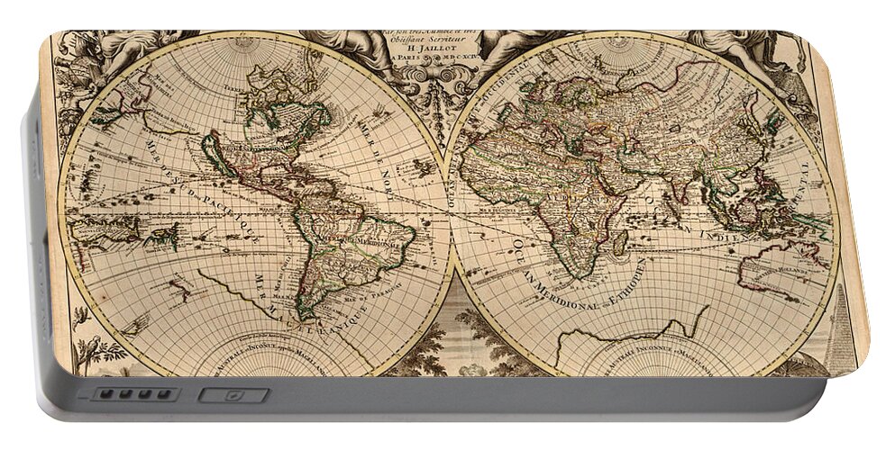 Antique Map Of The World Portable Battery Charger featuring the drawing Antique Maps - Old Cartographic maps - Antique Map of the World - Double Hemisphere Map by Studio Grafiikka