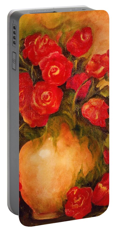 Red Roses In Vase Portable Battery Charger featuring the painting Antique Red Roses by Jordana Sands
