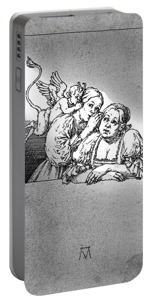 Girl Portable Battery Charger featuring the drawing Antique Souvenir - Gossip by Attila Meszlenyi