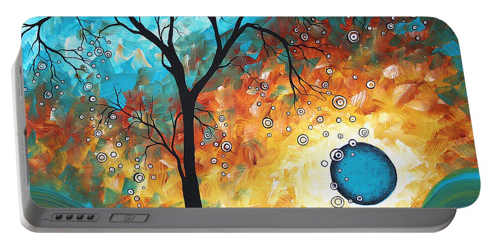 Art Painting Landscape Abstract Contemporary Painting Original Art Madart Licensing Licensor Modern Fine Art Buy Print Surreal Sun Fun Colorful Upbeat Lifestyle Brand Whimsical Tree Yellow Tan Cream Teal Aqua Turquoise Blue Circles Landscape Rust Yellow Brown Portable Battery Charger featuring the painting Aqua Burn by MADART by Megan Duncanson