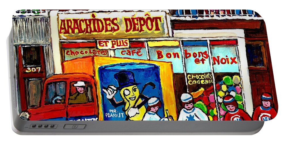 Verdun Portable Battery Charger featuring the painting Arachides Depot Candy Shop Painting Rue De L'eglise Verdun Montreal Hockey Art Carole Spandau    by Carole Spandau