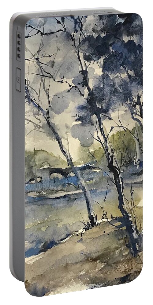 Watercolour 2017 Portable Battery Charger featuring the painting Arbres Bleus   Blue Trees by Robin Miller-Bookhout