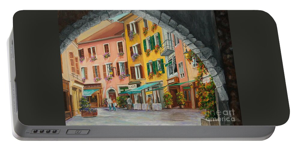 Annecy France Art Portable Battery Charger featuring the painting Archway To Annecy's Side Streets by Charlotte Blanchard