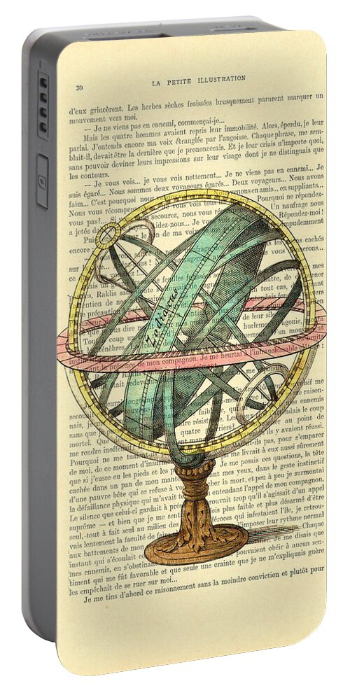Armillary Sphere Portable Battery Charger featuring the digital art Armillary Sphere In Color Antique Illustration On Book Page by Madame Memento