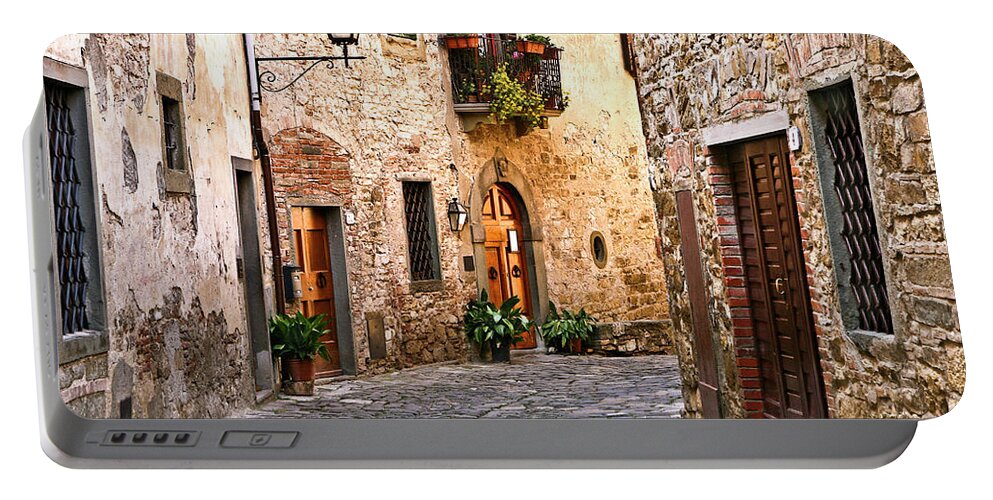 Street View Portable Battery Charger featuring the photograph Around the Corner Montefioralle Tuscany Italy by Lily Malor
