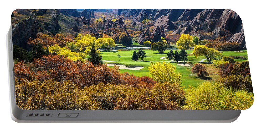 Arrowhead Portable Battery Charger featuring the photograph The Arrowhead Golf Club in Roxborough Park, Colorado by OLena Art
