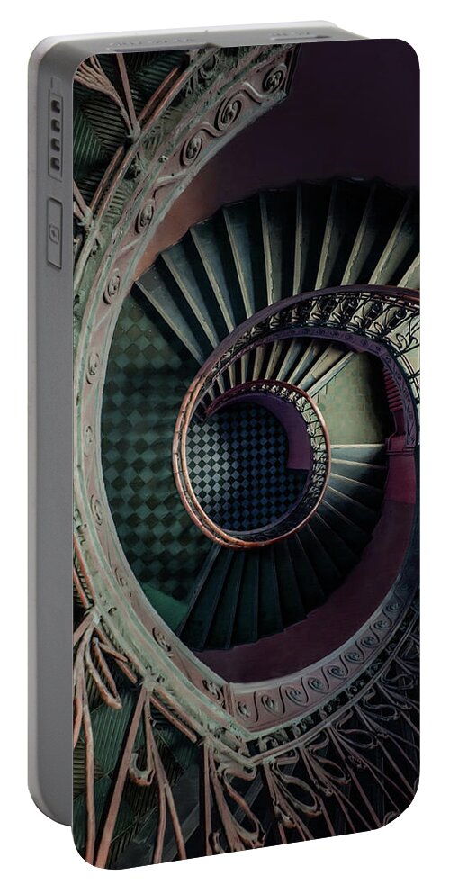Architecture Portable Battery Charger featuring the photograph Art Deco metal spiral staircase by Jaroslaw Blaminsky