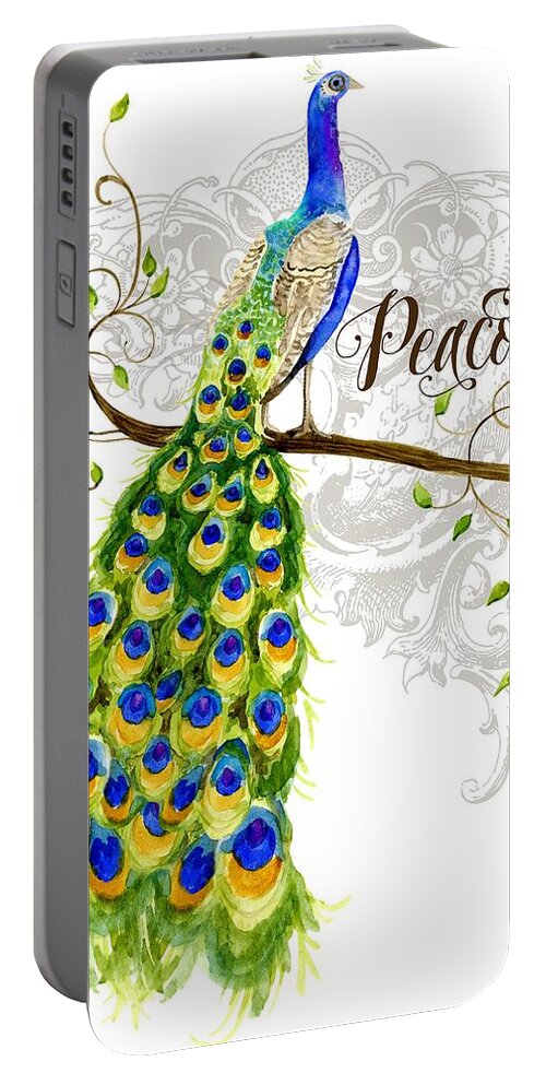 Art Nouveau Portable Battery Charger featuring the painting Art Nouveau Peacock w Swirl Tree Branch and Scrolls by Audrey Jeanne Roberts