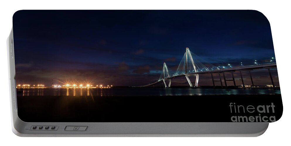 Charleston Portable Battery Charger featuring the photograph Arthur Ravenel Night Pano by Jennifer White