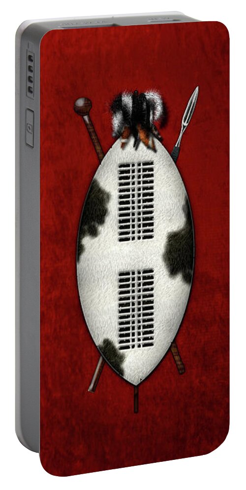 'war Shields' Collection By Serge Averbukh Portable Battery Charger featuring the digital art Zulu War Shield with Spear and Club on Red Velvet by Serge Averbukh