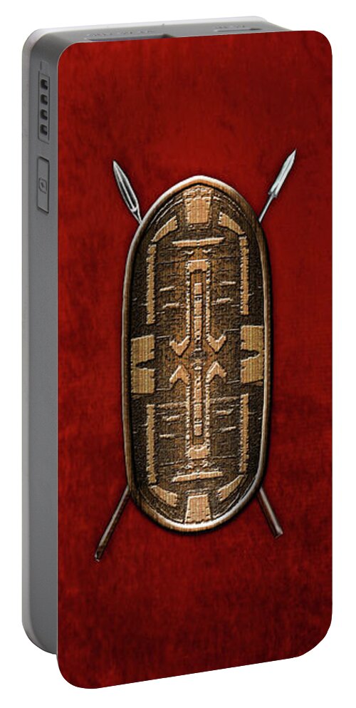 'war Shields' Collection By Serge Averbukh Portable Battery Charger featuring the digital art Zande War Shield with Spears on Red Velvet by Serge Averbukh