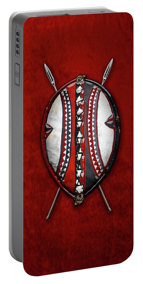 'war Shields' Collection By Serge Averbukh Portable Battery Charger featuring the digital art Maasai War Shield with Spears on Red Velvet by Serge Averbukh