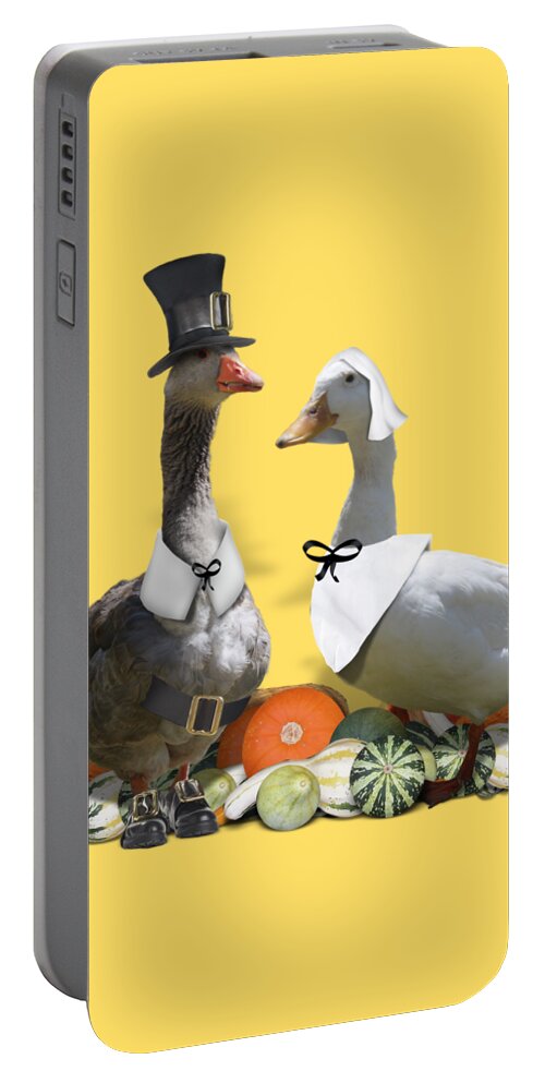 Thanksgiving Portable Battery Charger featuring the mixed media Thanksgiving Pilgrim Ducks by Gravityx9 Designs