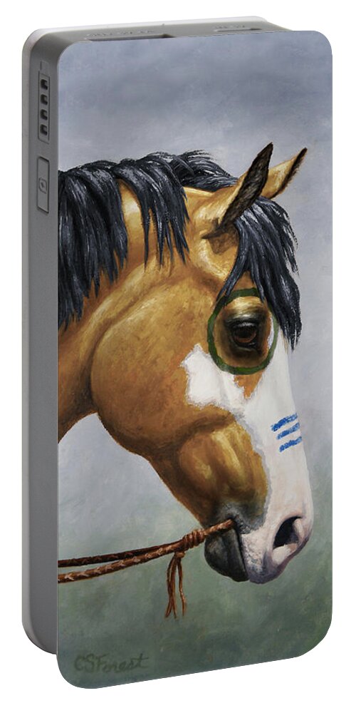 Horse Portable Battery Charger featuring the painting Buckskin Native American War Horse by Crista Forest