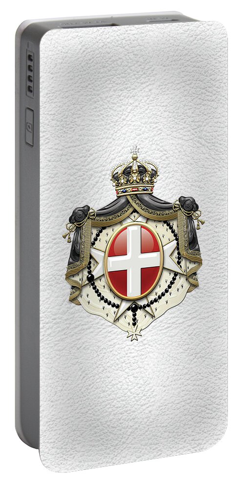 'ancient Brotherhoods' Collection By Serge Averbukh Portable Battery Charger featuring the digital art Sovereign Military Order of Malta Coat of Arms over White Leather by Serge Averbukh