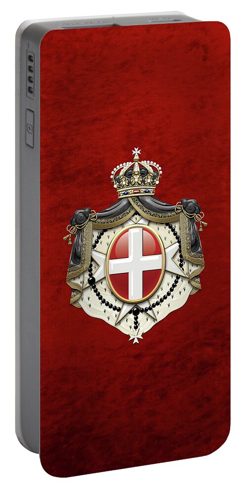 'ancient Brotherhoods' Collection By Serge Averbukh Portable Battery Charger featuring the digital art Sovereign Military Order of Malta Coat of Arms over Red Velvet by Serge Averbukh