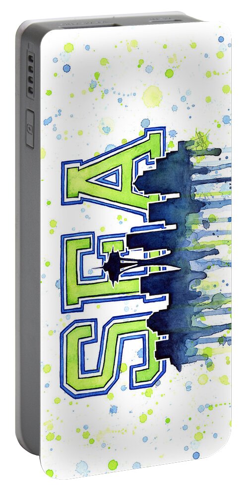 Watercolor Portable Battery Charger featuring the painting Seattle Watercolor 12th Man Art Painting Space Needle Go Seahawks by Olga Shvartsur
