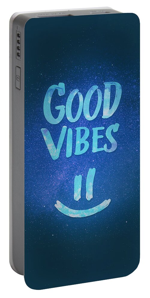 Good Vibes Portable Battery Charger featuring the digital art Good Vibes Funny Smiley Statement Happy Face Blue Stars Edit by Philipp Rietz