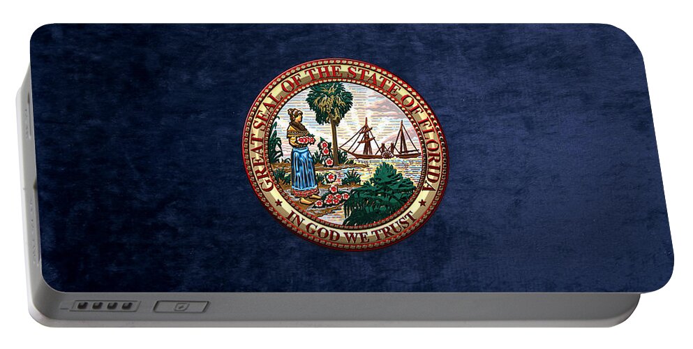 'state Heraldry' Collection By Serge Averbukh Portable Battery Charger featuring the digital art Florida State Seal over Blue Velvet by Serge Averbukh