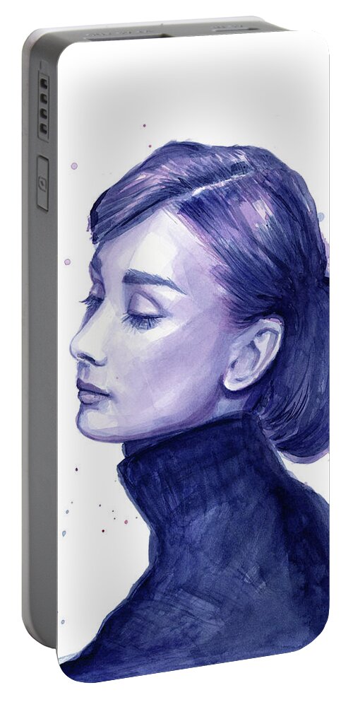 Watercolor Portable Battery Charger featuring the painting Audrey Hepburn Portrait by Olga Shvartsur