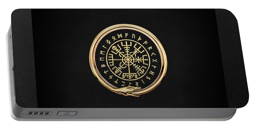 'viking Treasures' By Serge Averbukh Portable Battery Charger featuring the digital art Vegvisir - A Magic Icelandic Viking Runic Compass - Gold on Black by Serge Averbukh