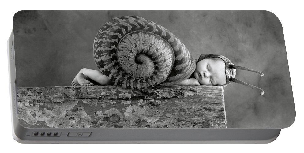 Black And White Portable Battery Charger featuring the photograph Julia Snail by Anne Geddes