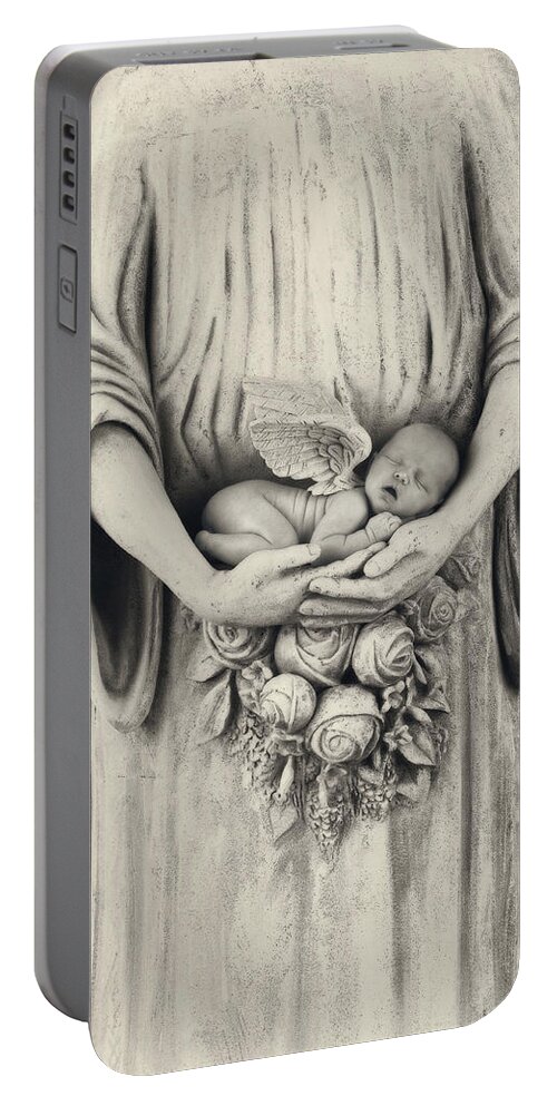 Black And White Portable Battery Charger featuring the photograph Jonti and the Stone Angel by Anne Geddes