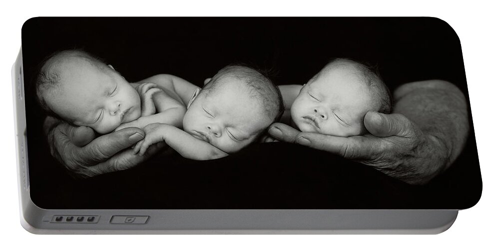 Black And White Portable Battery Charger featuring the photograph Jack and the Triplets by Anne Geddes