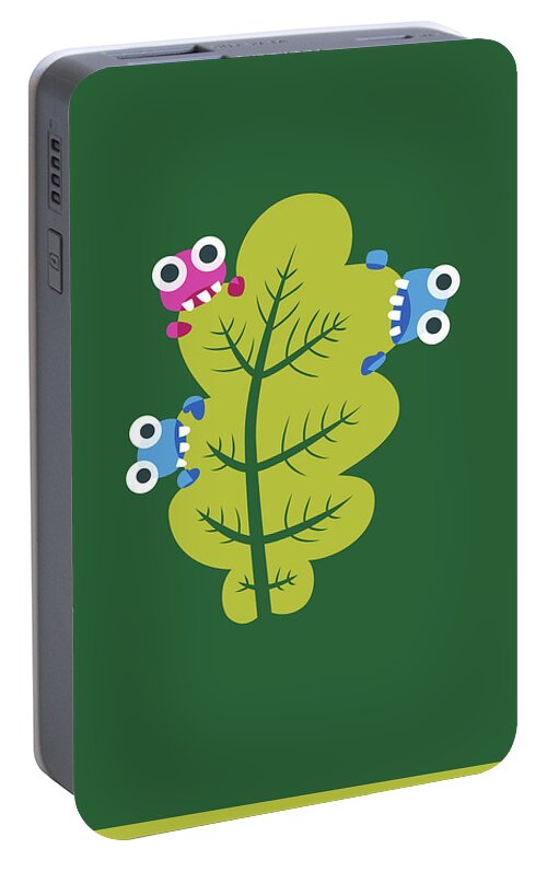 Leaf Portable Battery Charger featuring the digital art Cute Bugs Eat Green Leaf by Boriana Giormova