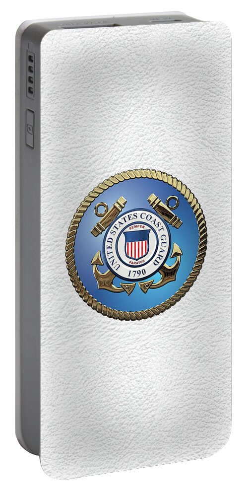 'military Insignia & Heraldry 3d' Collection By Serge Averbukh Portable Battery Charger featuring the digital art U. S. Coast Guard - U S C G Emblem over White Leather by Serge Averbukh