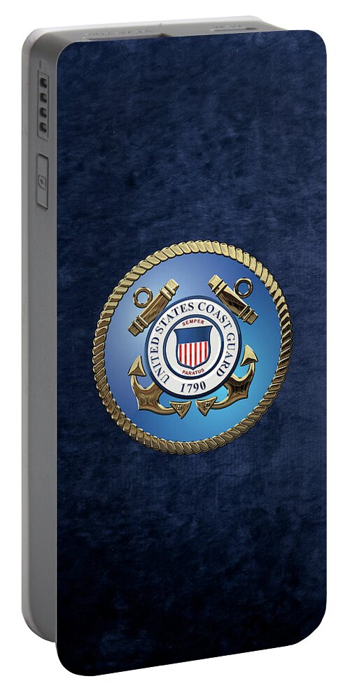 'military Insignia & Heraldry 3d' Collection By Serge Averbukh Portable Battery Charger featuring the digital art U. S. Coast Guard - U S C G Emblem over Blue Velvet by Serge Averbukh