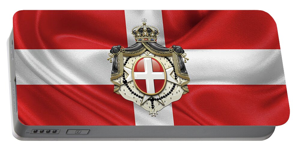 'ancient Brotherhoods' Collection By Serge Averbukh Portable Battery Charger featuring the digital art Sovereign Military Order of Malta - S M O M Coat of Arms over Flag by Serge Averbukh