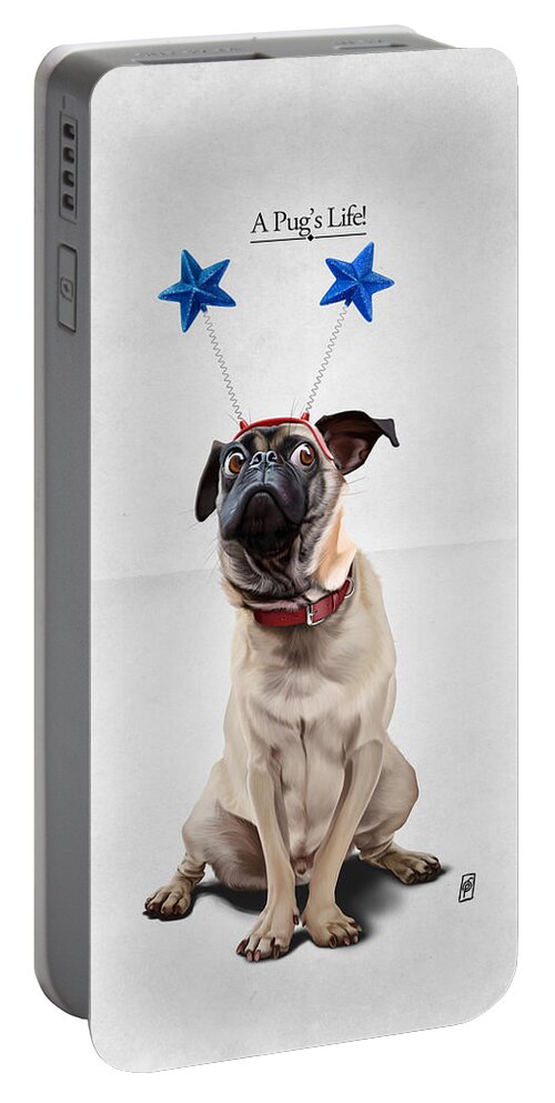 Illustration Portable Battery Charger featuring the digital art A Pug's Life by Rob Snow