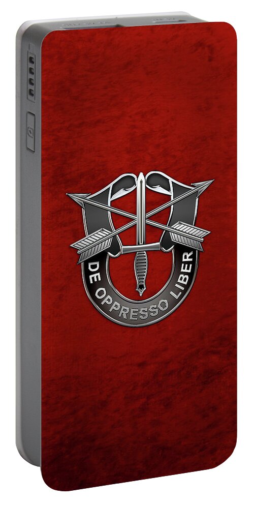 'military Insignia & Heraldry' Collection By Serge Averbukh Portable Battery Charger featuring the digital art U. S. Army Special Forces - Green Berets D U I over Red Velvet by Serge Averbukh