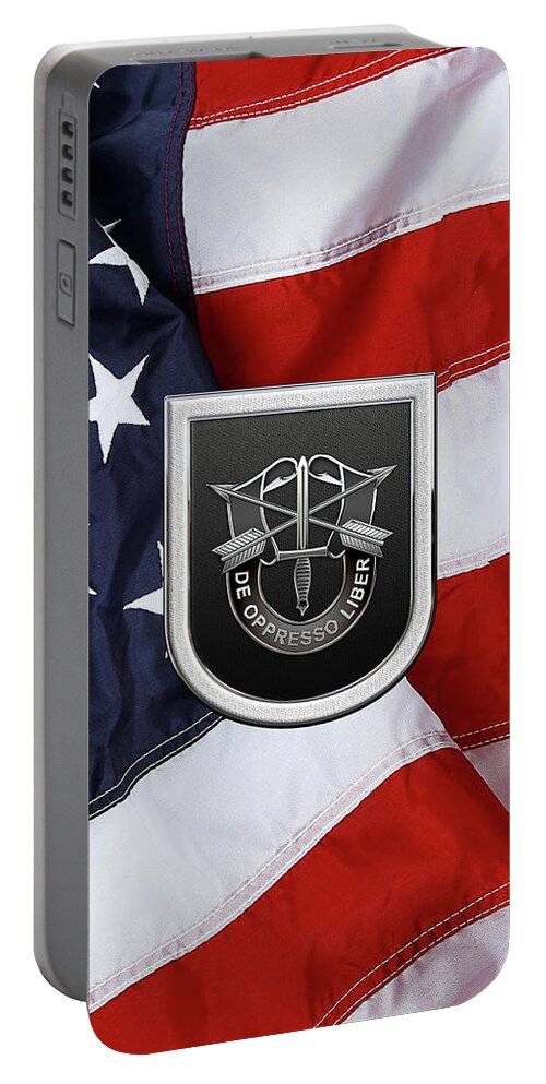 'u.s. Army Special Forces' Collection By Serge Averbukh Portable Battery Charger featuring the digital art U. S. Army 5th Special Forces Group - 5 S F G Beret Flash over American Flag by Serge Averbukh