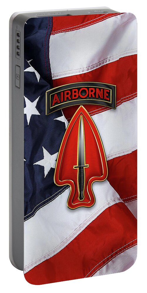 'military Insignia 3d' Collection By Serge Averbukh Portable Battery Charger featuring the digital art U. S. Army Special Operations Command - U S A S O C  C S I B over American Flag by Serge Averbukh