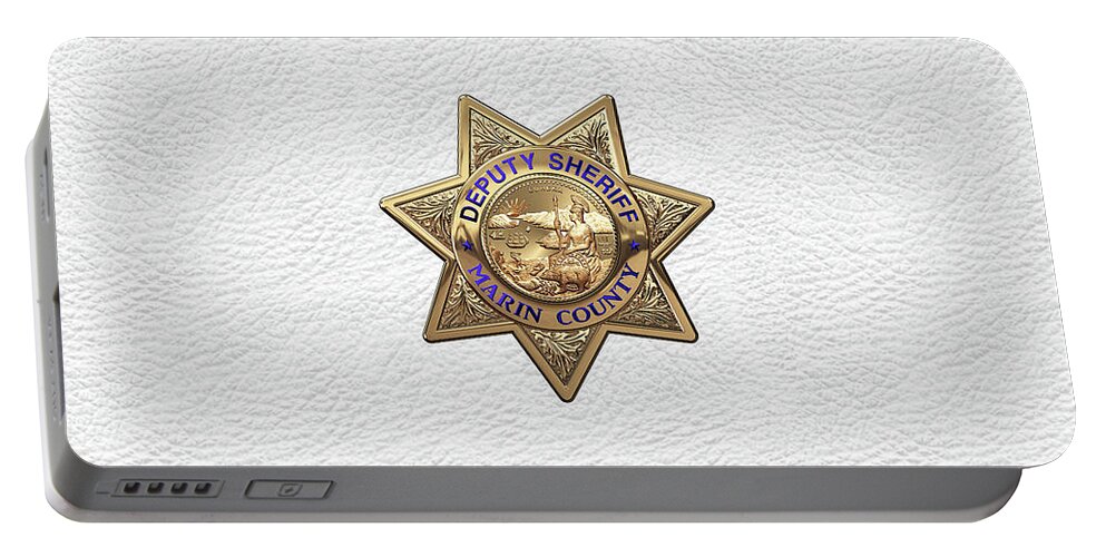 'law Enforcement Insignia & Heraldry' Collection By Serge Averbukh Portable Battery Charger featuring the digital art Marin County Sheriff Department - Deputy Sheriff Badge over White Leather by Serge Averbukh