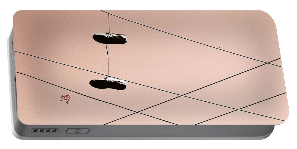 Abstract Portable Battery Charger featuring the photograph Shoes on a wire by Linda Hollis