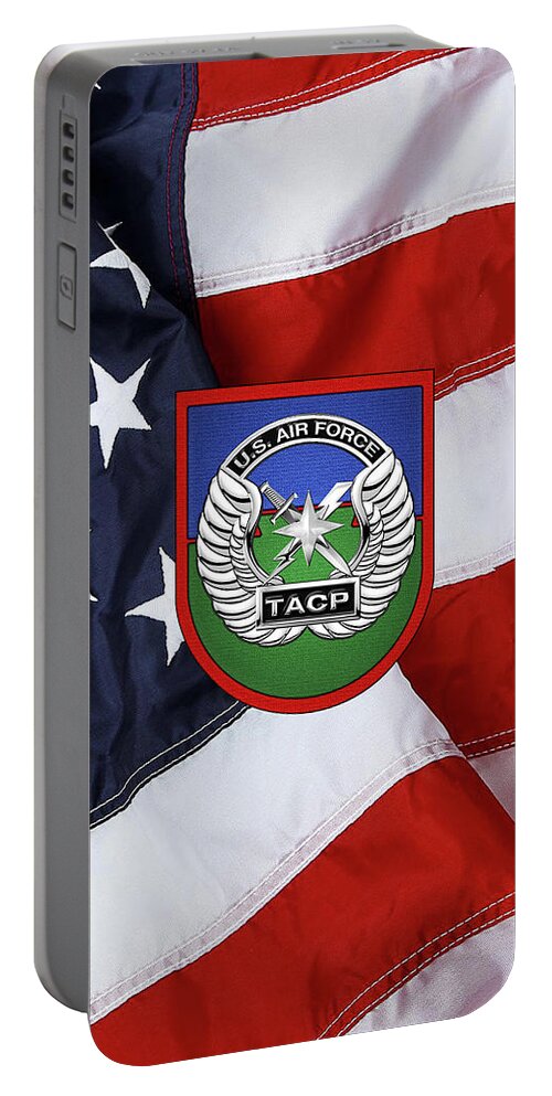 'military Insignia & Heraldry' Collection By Serge Averbukh Portable Battery Charger featuring the digital art U. S. Air Force Tactical Air Control Party - T A C P Beret Flash With Crest over American Flag by Serge Averbukh