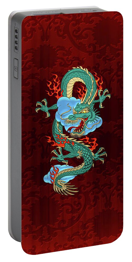 'treasures Of China' Collection By Serge Averbukh Portable Battery Charger featuring the digital art The Great Dragon Spirits - Turquoise Dragon on Red Silk by Serge Averbukh