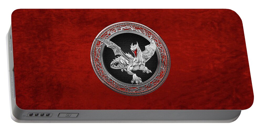 'the Great Dragon Spirits' Collection By Serge Averbukh Portable Battery Charger featuring the digital art Silver Guardian Dragon over Red Velvet by Serge Averbukh