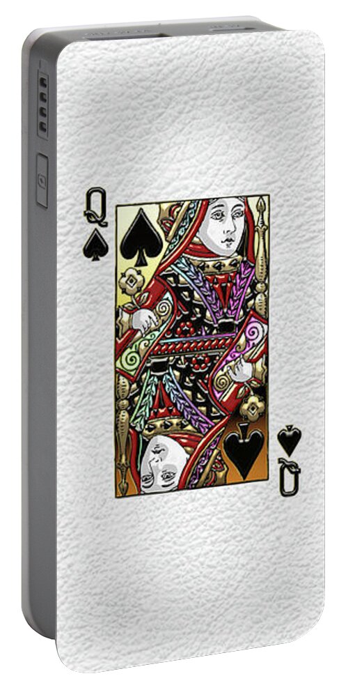 'gamble' Collection By Serge Averbukh Portable Battery Charger featuring the digital art Queen of Spades over White Leather by Serge Averbukh